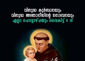 ഡബ്ലിൻ സീറോ മലബാർ സഭയിൽ വി. അന്തോനീസിൻ്റ നോവേന എല്ലാ ചൊവ്വാഴ്ചകളിലും വൈകിട്ട് 6 നു താലായിൽ