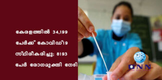 കേരളത്തില് 34,199 പേര്ക്ക് കോവിഡ്-19 സ്ഥിരീകരിച്ചു; 8193 പേര് രോഗമുക്തി നേടി
