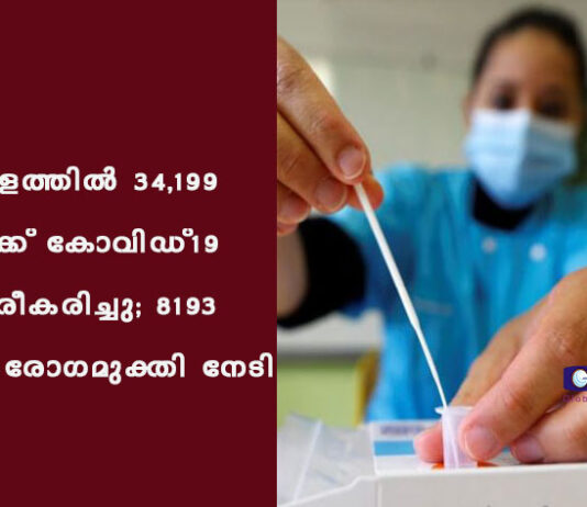 കേരളത്തില് 34,199 പേര്ക്ക് കോവിഡ്-19 സ്ഥിരീകരിച്ചു; 8193 പേര് രോഗമുക്തി നേടി