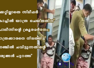ടിക്കറ്റില്ലാതെ സ്ലീപ്പർ കോച്ചിൽ യാത്ര ചെയ്തതിന് പൊലീസിന്റെ ക്രൂരമർദനം; യാത്രക്കാരനെ നിലത്തിട്ട് നെഞ്ചില് ചവിട്ടുന്നതിന്റെ ദൃശ്യങ്ങള് പുറത്ത്