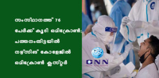 സംസ്ഥാനത്ത് 76 പേര്ക്ക് കൂടി ഒമിക്രോണ്; പത്തനംതിട്ടയിൽ നഴ്സിങ് കോളേജില് ഒമിക്രോണ് ക്ലസ്റ്റര്