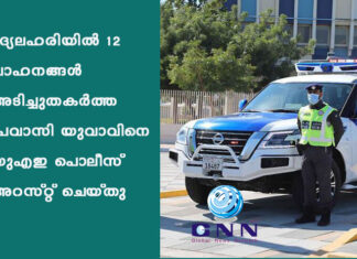 മദ്യലഹരിയിൽ 12 വാഹനങ്ങള് അടിച്ചുതകര്ത്ത പ്രവാസി യുവാവിനെ യുഎഇ പൊലീസ് അറസ്റ്റ് ചെയ്തു