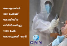 കേരളത്തില് 922 പേര്ക്ക് കോവിഡ്-19 സ്ഥിരീകരിച്ചു; 1329 പേര് രോഗമുക്തി നേടി