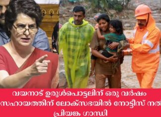 വയനാട് ഉരുൾപൊട്ടലിന് ഇന്ന് ഒരു വര്ഷം; ധനസഹായത്തിന് ലോക്സഭയിൽ നോട്ടീസ് നൽകി പ്രിയങ്ക ഗാന്ധി