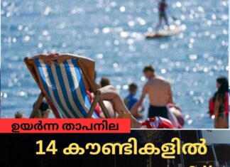 ഉയർന്ന താപനില; 14 കൗണ്ടികളിൽ യെല്ലോ അലേർട്ട്