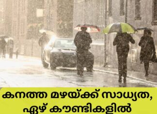 കനത്ത മഴയ്ക്ക് സാധ്യത, ഏഴ് കൗണ്ടികളിൽ യെല്ലോ അലേർട്ട്
