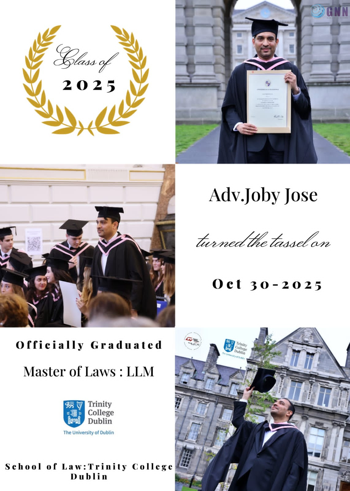 ട്രിനിറ്റി സർവ്വകലാശാലയിൽ നിന്നും എൽ.എൽ.എം. നേടി മലയാളി അഡ്വ. ജോബി ജോസ്