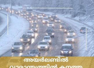 അയർലണ്ടിൽ വാരാന്ത്യത്തിൽ കനത്ത മഞ്ഞുവീഴ്ചയ്ക്ക് സാധ്യത; മൂന്ന് കൗണ്ടികൾക്ക് സ്റ്റാറ്റസ് യെല്ലോ വിൻഡ് അലേർട്ട് നൽകി