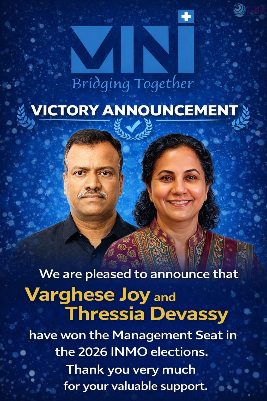 INMO National Executive Council Election: MNI സ്ഥാനാർഥികളായ വർഗീസ് ജോയിക്കും, ത്രേസ്യ ദേവസ്സിക്കും വിജയം