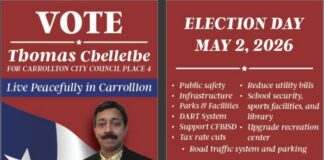 കരോൾട്ടൺ സിറ്റി കൗൺസിൽ തിരഞ്ഞെടുപ്പ്; തോമസ് ചെള്ളേത്ത് ജനവിധി തേടുന്നു, വികസന സ്വപ്നങ്ങളുമായി മലയാളി സ്ഥാനാർത്ഥി