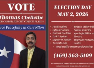 കരോൾട്ടൺ സിറ്റി കൗൺസിൽ തിരഞ്ഞെടുപ്പ്; തോമസ് ചെള്ളേത്ത് ജനവിധി തേടുന്നു, വികസന സ്വപ്നങ്ങളുമായി മലയാളി സ്ഥാനാർത്ഥി