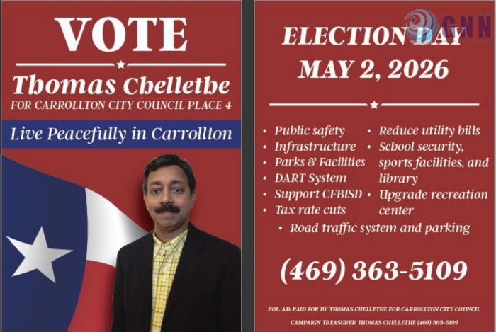 കരോൾട്ടൺ സിറ്റി കൗൺസിൽ തിരഞ്ഞെടുപ്പ്; തോമസ് ചെള്ളേത്ത് ജനവിധി തേടുന്നു, വികസന സ്വപ്നങ്ങളുമായി മലയാളി സ്ഥാനാർത്ഥി