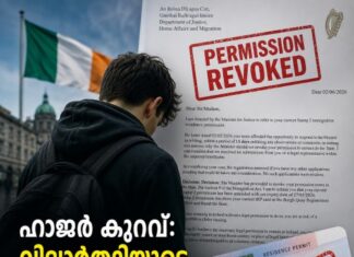ഹാജർ കുറവ്: വിദ്യാർത്ഥിയുടെ സ്റ്റാമ്പ് 2 അനുമതി റദ്ദാക്കി; അയർലണ്ട് വിടാൻ നിർദേശം