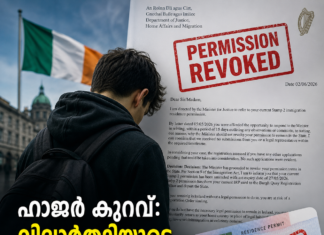 ഹാജർ കുറവ്: വിദ്യാർത്ഥിയുടെ സ്റ്റാമ്പ് 2 അനുമതി റദ്ദാക്കി; അയർലണ്ട് വിടാൻ നിർദേശം