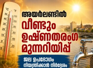 അയർലണ്ടിൽ വീണ്ടും ഉഷ്ണതരംഗ മുന്നറിയിപ്പ്; ജല ഉപഭോഗം നിയന്ത്രിക്കാൻ നിർദ്ദേശം