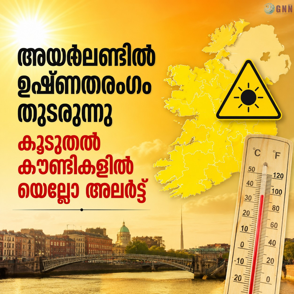 അയർലണ്ടിൽ ഉഷ്ണതരംഗം തുടരുന്നു; കൂടുതൽ കൗണ്ടികളിൽ യെല്ലോ അലർട്ട്; ഹോസ്പൈപ്പ് ഉപയോഗത്തിനും നിരോധനം