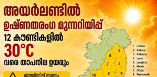 അയർലണ്ടിൽ ഉഷ്ണതരംഗ മുന്നറിയിപ്പ്; 12 കൗണ്ടികളിൽ 30°C വരെ താപനില ഉയരും