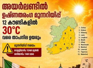 അയർലണ്ടിൽ ഉഷ്ണതരംഗ മുന്നറിയിപ്പ്; 12 കൗണ്ടികളിൽ 30°C വരെ താപനില ഉയരും