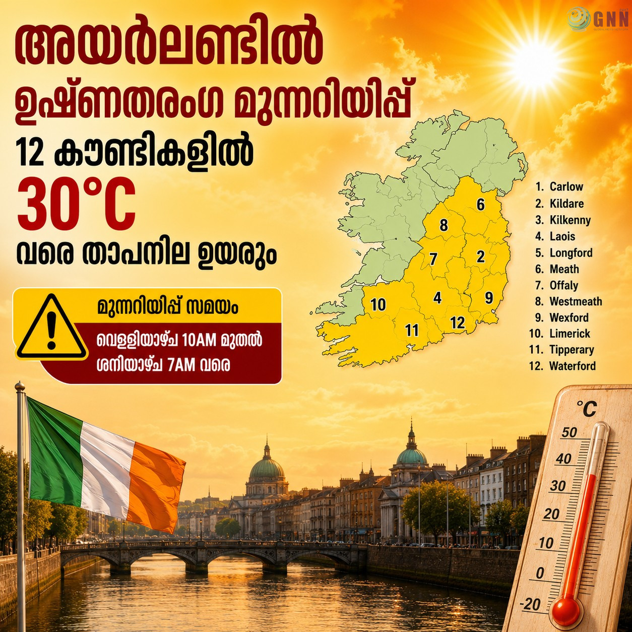 അയർലണ്ടിൽ ഉഷ്ണതരംഗ മുന്നറിയിപ്പ്; 12 കൗണ്ടികളിൽ 30°C വരെ താപനില ഉയരും