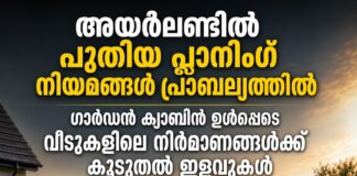 അയർലണ്ടിൽ പുതിയ പ്ലാനിംഗ് നിയമങ്ങൾ പ്രാബല്യത്തിൽ; ഗാർഡൻ ക്യാബിൻ ഉൾപ്പെടെ വീടുകളിലെ നിർമാണങ്ങൾക്ക് കൂടുതൽ ഇളവുകൾ
