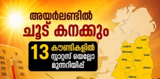 അയർലണ്ടിൽ ചൂട് കനക്കും; 13 കൗണ്ടികളിൽ സ്റ്റാറ്റസ് യെല്ലോ മുന്നറിയിപ്പ്