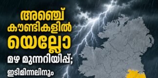 അഞ്ച് കൗണ്ടികളിൽ യെല്ലോ മഴ മുന്നറിയിപ്പ്; ഇടിമിന്നലിനും വെള്ളപ്പൊക്കത്തിനും സാധ്യത
