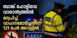 ബാങ്ക് ഹോളിഡേ വാരാന്ത്യത്തിൽ മദ്യപിച്ച് വാഹനമോടിച്ചതിന് 121 പേർ അറസ്റ്റിൽ