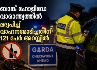 ബാങ്ക് ഹോളിഡേ വാരാന്ത്യത്തിൽ മദ്യപിച്ച് വാഹനമോടിച്ചതിന് 121 പേർ അറസ്റ്റിൽ