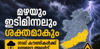 മഴയും ഇടിമിന്നലും ശക്തമാകും: നാല് കൗണ്ടികൾക്ക് യെല്ലോ അലേർട്ട്