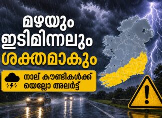 മഴയും ഇടിമിന്നലും ശക്തമാകും: നാല് കൗണ്ടികൾക്ക് യെല്ലോ അലേർട്ട്