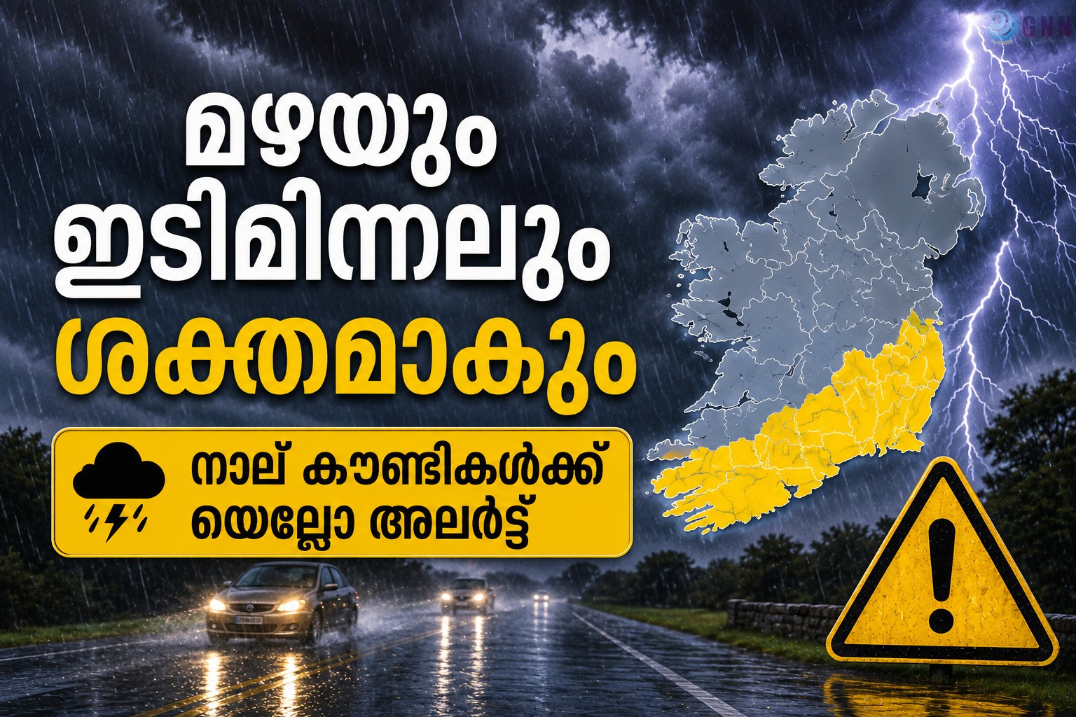മഴയും ഇടിമിന്നലും ശക്തമാകും: നാല് കൗണ്ടികൾക്ക് യെല്ലോ അലേർട്ട്