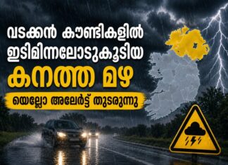 വടക്കൻ കൗണ്ടികളിൽ ഇടിമിന്നലോടുകൂടിയ കനത്ത മഴ; യെല്ലോ അലേർട്ട് തുടരുന്നു