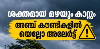 ശക്തമായ മഴയും കാറ്റും; അയർലണ്ടിലെ അഞ്ച് കൗണ്ടികളിൽ യെല്ലോ അലേർട്ട്