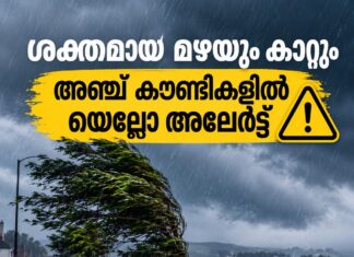 ശക്തമായ മഴയും കാറ്റും; അയർലണ്ടിലെ അഞ്ച് കൗണ്ടികളിൽ യെല്ലോ അലേർട്ട്