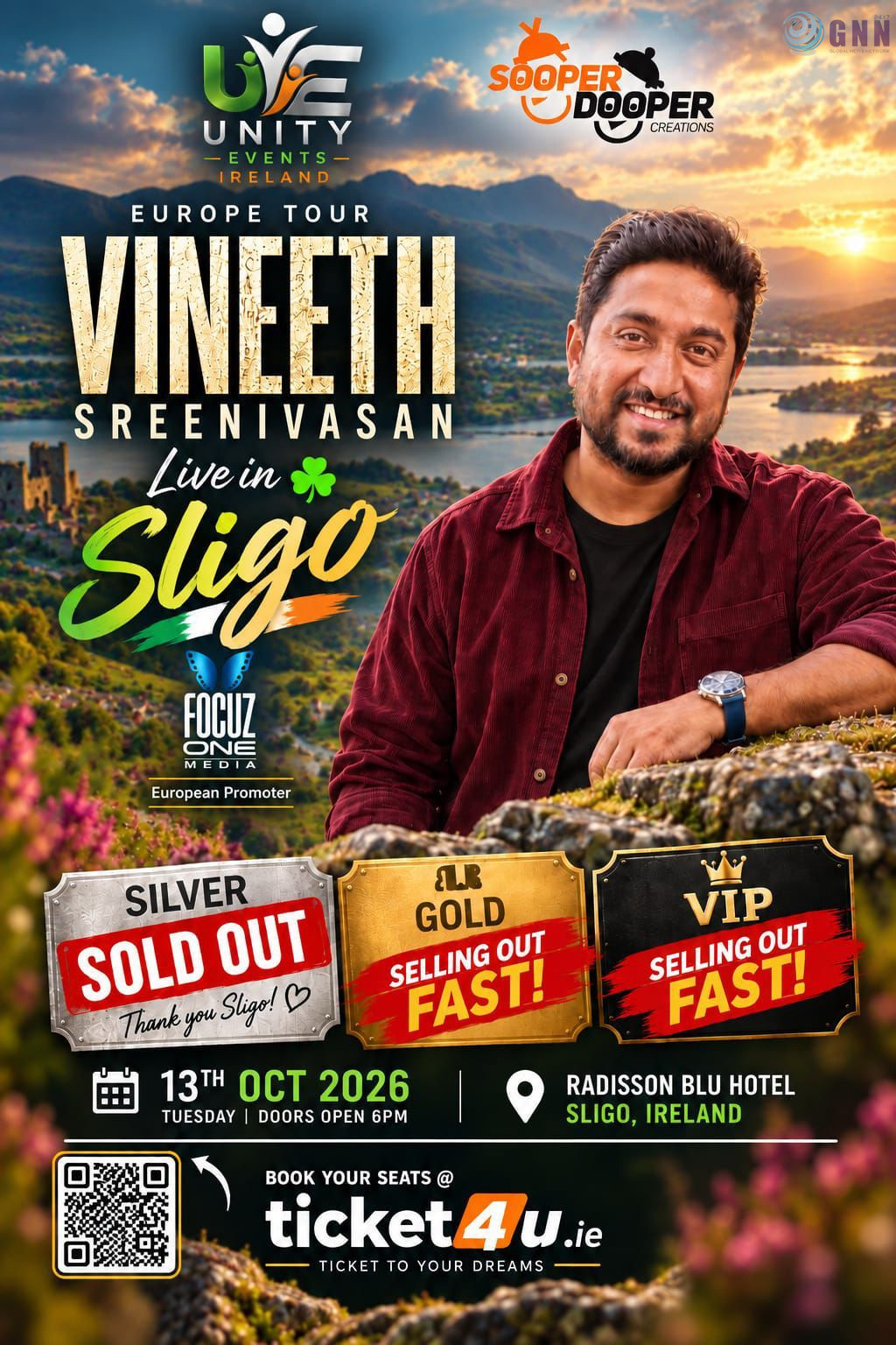 സ്ലൈഗോയിൽ വിനീത് ശ്രീനിവാസൻ ലൈവിന് വൻ പ്രതികരണം; സിൽവർ അഡൾട്ട് ടിക്കറ്റുകൾ പൂർണമായും വിറ്റഴിഞ്ഞു