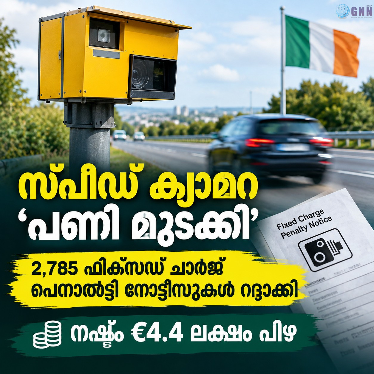 സ്പീഡ് ക്യാമറ ‘പണി മുടക്കി’; 2,785 ഫിക്സഡ് ചാർജ് പെനാൽറ്റി നോട്ടീസുകൾ റദ്ദാക്കി; നഷ്ടം €4.4 ലക്ഷം പിഴ