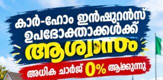 കാർ-ഹോം ഇൻഷുറൻസ് ഉപഭോക്താക്കൾക്ക് ആശ്വാസം; അധിക ചാർജ് 0% ആക്കുന്നു