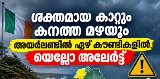 ശക്തമായ കാറ്റും കനത്ത മഴയും; അയർലണ്ടിൽ ഏഴ് കൗണ്ടികളിൽ യെല്ലോ അലേർട്ട്