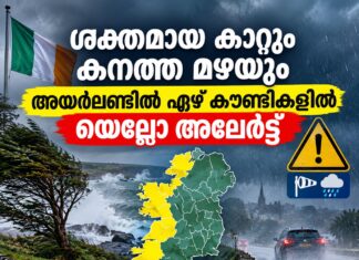 ശക്തമായ കാറ്റും കനത്ത മഴയും; അയർലണ്ടിൽ ഏഴ് കൗണ്ടികളിൽ യെല്ലോ അലേർട്ട്