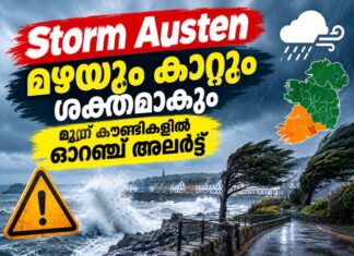 Storm Austen: മഴയും കാറ്റും ശക്തമാകും; മൂന്ന് കൗണ്ടികളിൽ ഓറഞ്ച് അലർട്ട്