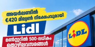 അയർലണ്ടിൽ €420 മില്യൺ നിക്ഷേപവുമായി Lidl; മൺസ്റ്ററിൽ 500-ലധികം തൊഴിലവസരങ്ങൾ