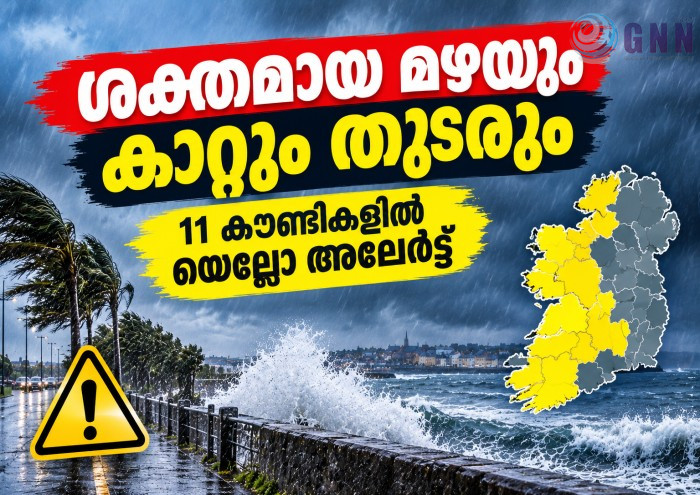 ശക്തമായ മഴയും കാറ്റും തുടരും; 11 കൗണ്ടികളിൽ യെല്ലോ അലേർട്ട്