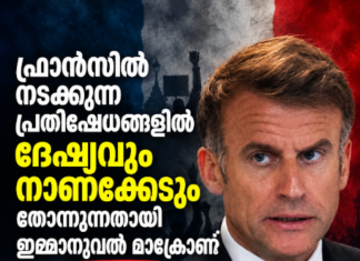 ഫ്രാന്സില് നടക്കുന്ന പ്രതിഷേധങ്ങളില് ദേഷ്യവും നാണക്കേടും തോന്നുന്നതായി ഇമ്മാനുവല് മാക്രോണ്