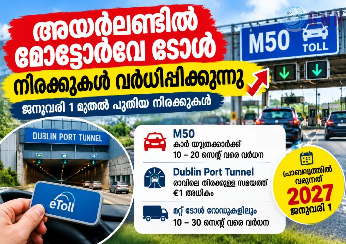അയർലണ്ടിൽ മോട്ടോർവേ ടോൾ നിരക്കുകൾ വർധിപ്പിക്കുന്നു; ജനുവരി 1 മുതൽ പുതിയ നിരക്കുകൾ